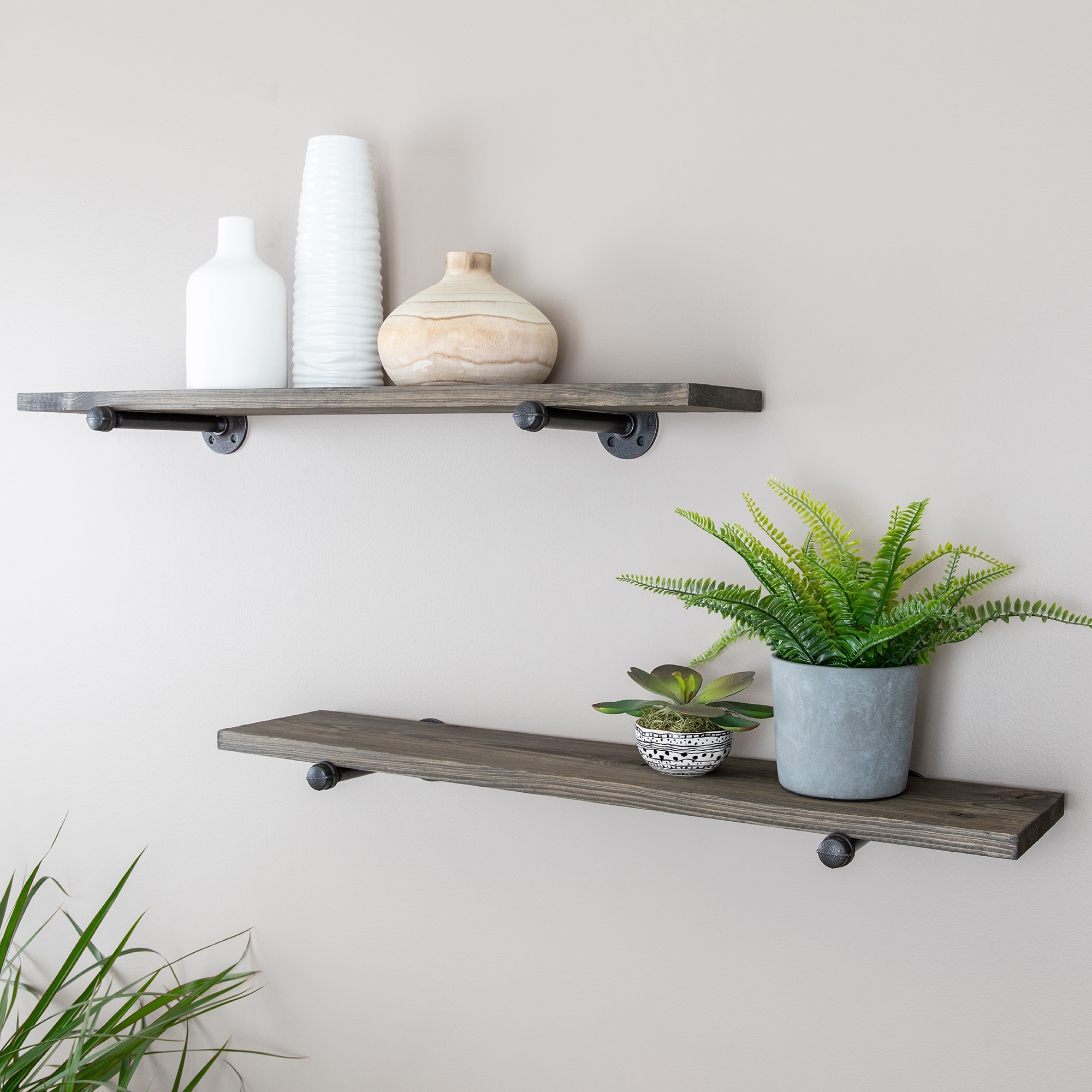 PIPE DECOR 36" Solid Wood Wall Shelves with Rustic Black Industrial Steel Pipe Brackets, Set of 2