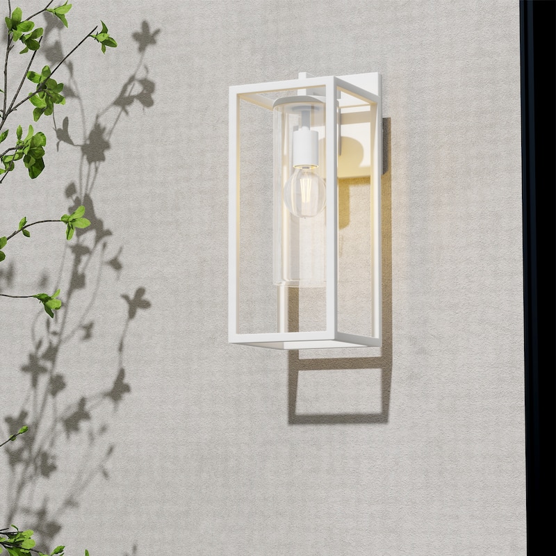 Metal 1-Light Clear Glass Outdoor Wall Sconce Light - M: 15.7"Hx6.2"Wx8"D - White