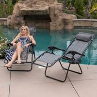 BELLEZE Zero Anti Gravity Reclining Backyard Outdoor Chairs Set of (2) Tray Cup Slot Holder, Gray