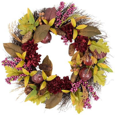 Mums and Pomegranates Artificial Fall Harvest Twig Wreath, 24-Inch