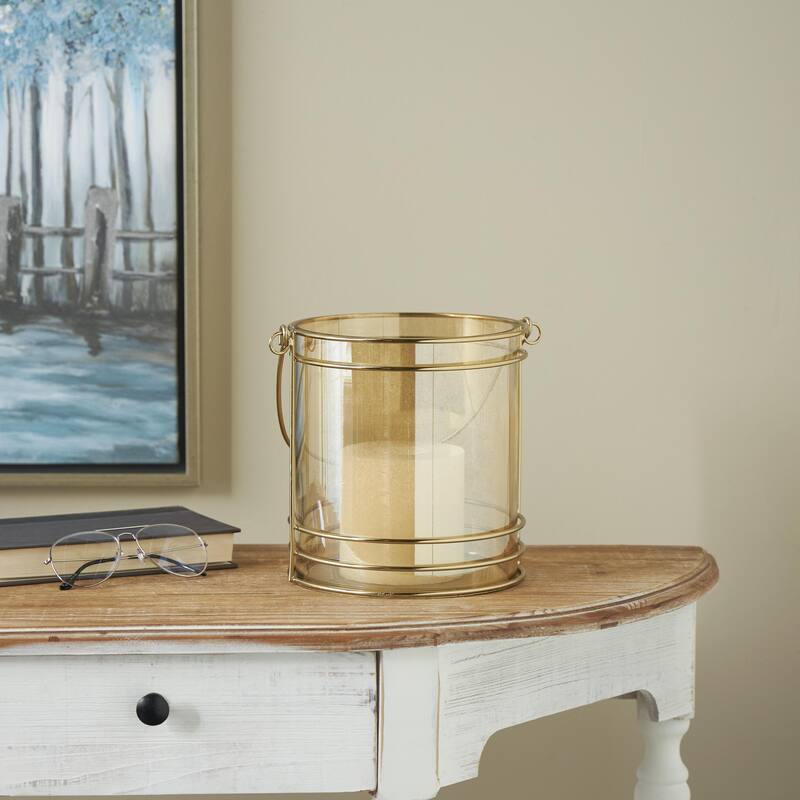 Metal Indoor Outdoor Candle Lantern with Thin Circular Rods and Tinted Glass - Gold - Roche River Decor