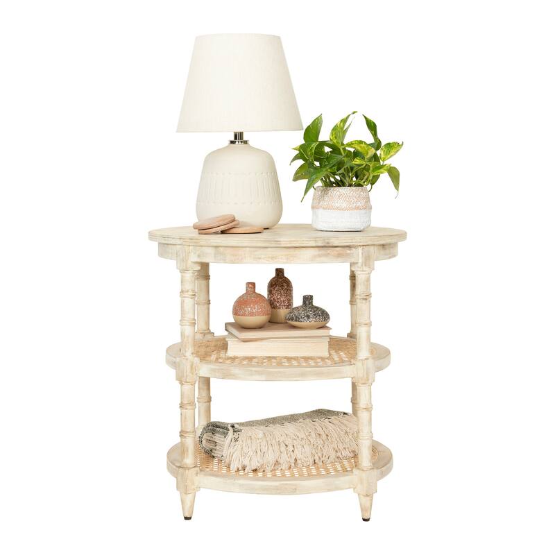 Round Mango Wood Table with 2 Cane Shelves