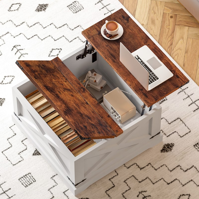 Square Lift-Top Center Table, Coffee Table with Barn Door, Sofa Table with Built-In USB, Dining Table with Power Outlets