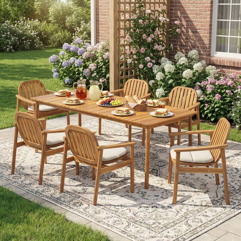 Christopher Knight Home - Country Patio Farmhouse Wooden 7-Piece Outdoor Dining Set with Cushions - Teak Finish+Beige Cushion