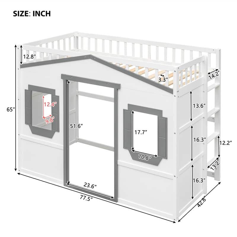 Solid Wood House Loft Bed with Window Design and Ladder, Twin/Full Size Playhouse Bed Loft Bed Frame with Guardrail for Kids