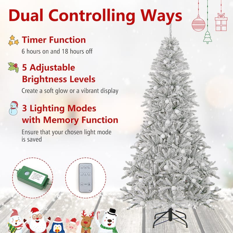 Gymax 6/7/8 FT Snow-flocked Artificial Christmas Tree w/51/65/81 - Green+White