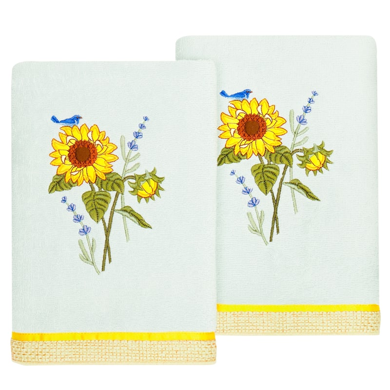Authentic Hotel and Spa 100% Turkish Cotton Girasol 2PC Embellished Hand Towel Set - Aqua