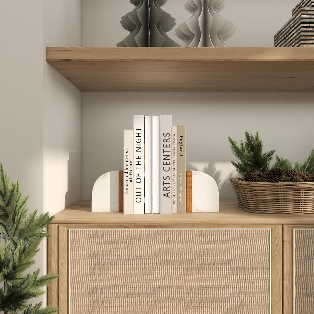 White Marble 5 lbs Decorative Bookends with Wood Details (Set of 2)