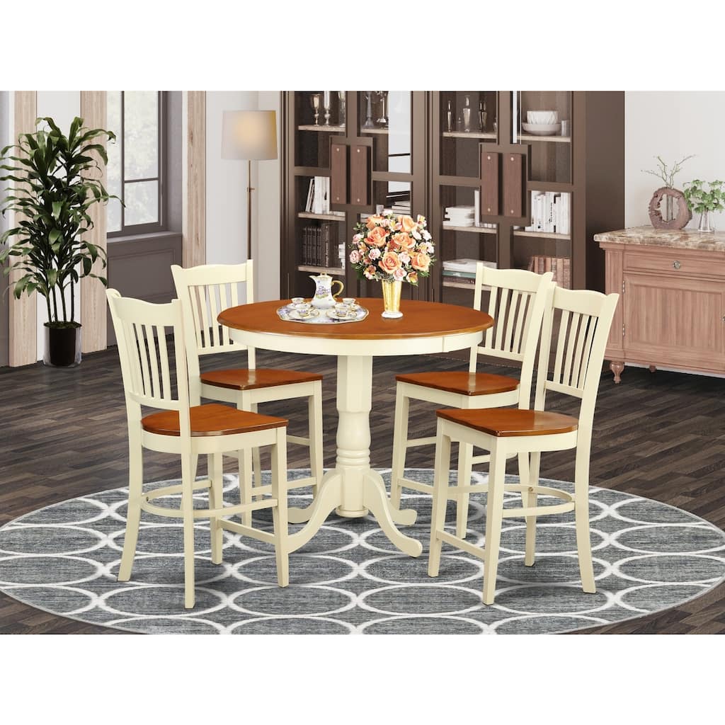 Coastal 5 Piece Kitchen Dining Set - Round Table & 4 Chairs - Buttermilk & Cherry Finish