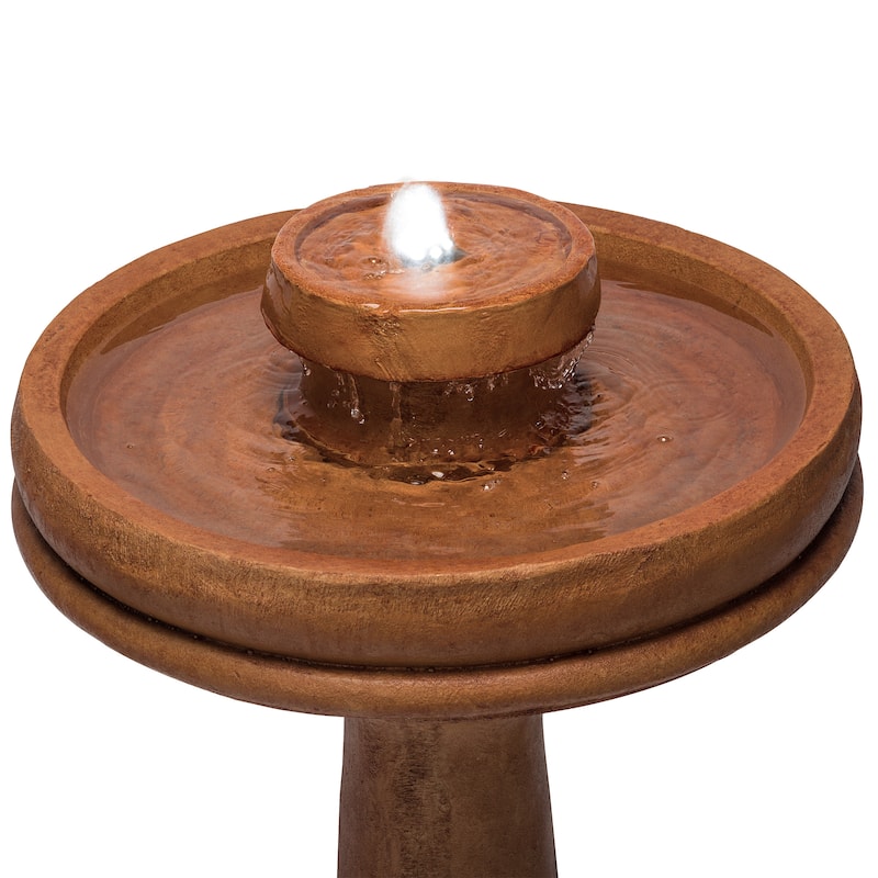 Alpine Corporation TZL202 Outdoor Floor Vintage Pedestal Water Fountain with Bird Bath and LED Lights, 29", Brown