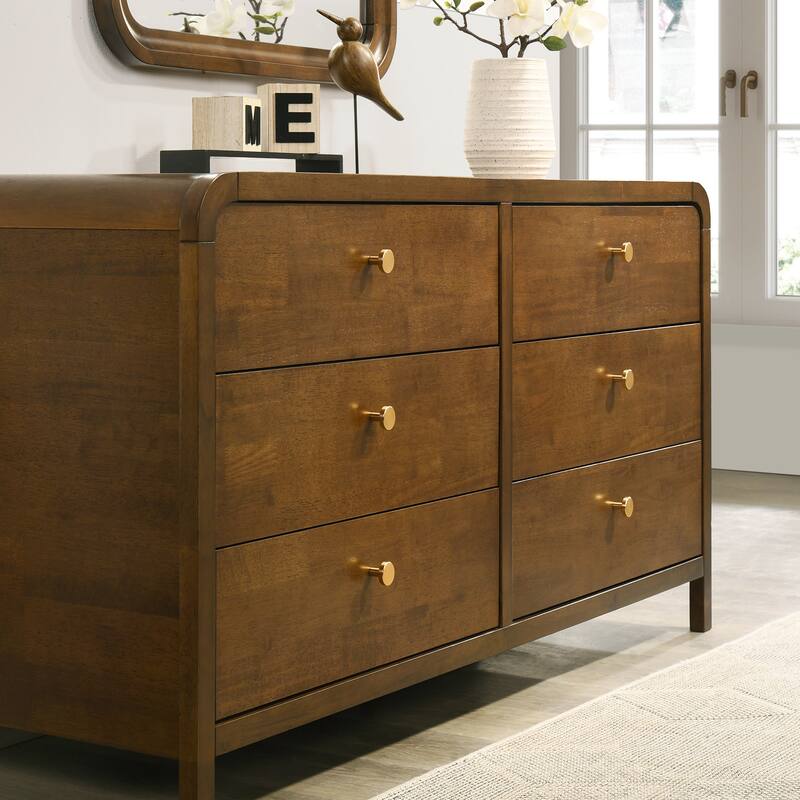 Roundhill Furniture Eldren 6-Drawer Wood Dresser with Mirror, Walnut Finish