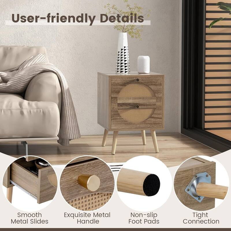 2PCS Rattan Nightstand Boho Bedside Tables Accent End Tables