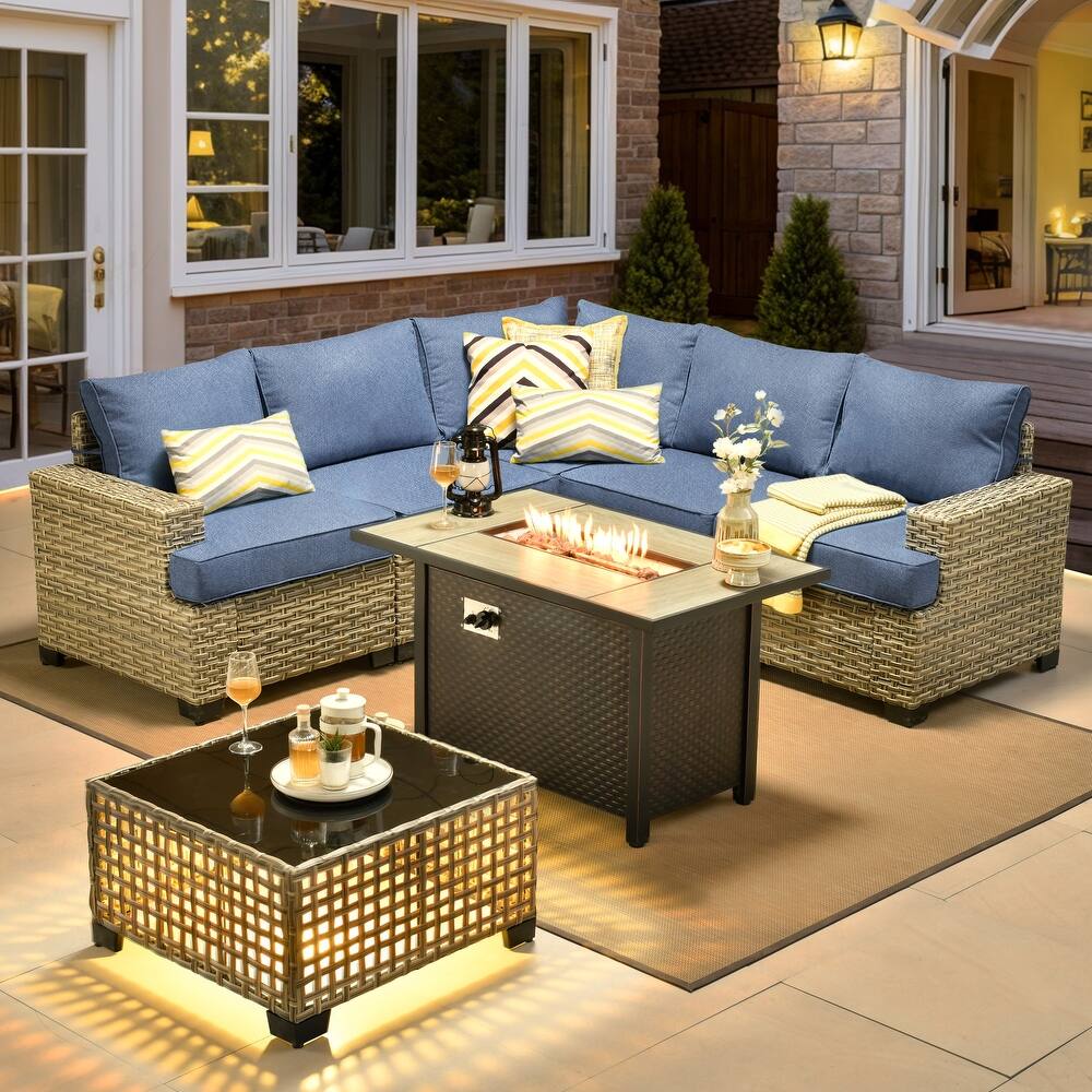 XIZZI 7 Pieces Patio Furniture Wicker Sectional Sofa Set with Fire Pit Table