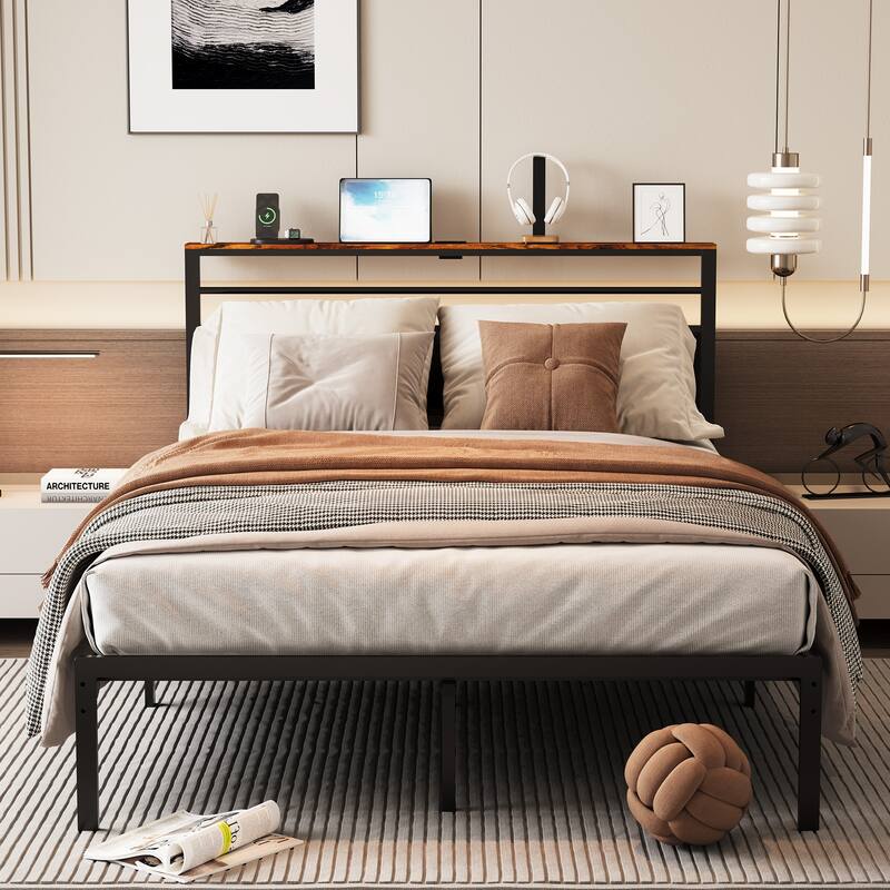 Bed Frame with Storage Shelves and Charging Station