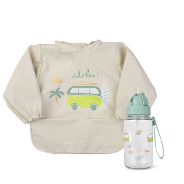 slide 2 of 8, Saro Long Sleeve Waterproof Smock Bib & Kids Water Bottle Set Aloha