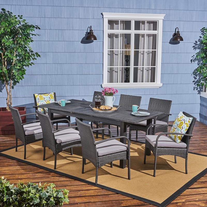 Elmar 9 Piece Outdoor Wood/Wicker Extending Dining Set by Christopher Knight Home