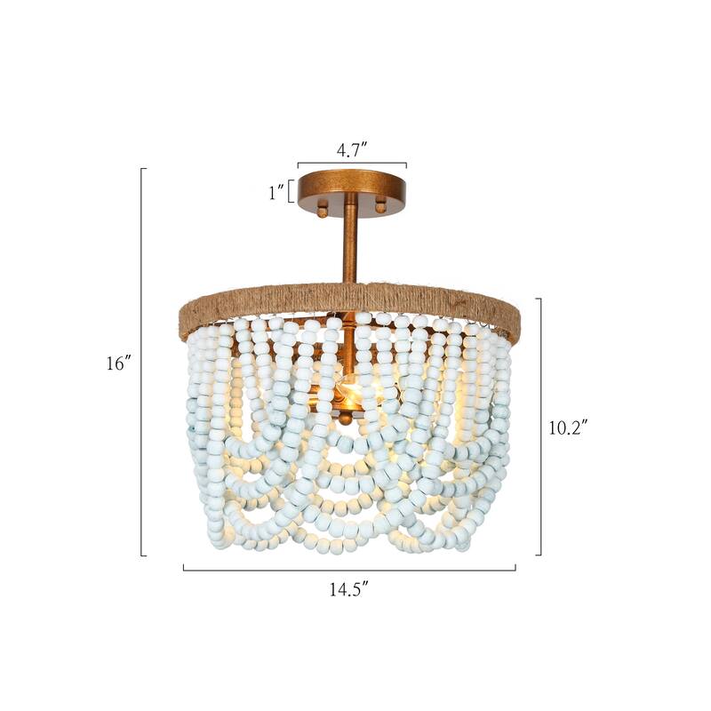 Renia 14.5'' Beaded Wood 3-light Semi-flush Mount Gold Draped Ceiling Lights with Hemp Rope Bedroom Hallway Foyer