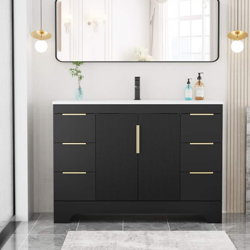 Vertical Stripes Bathroom Vanity Set with Sink Top & Faucet - 48"Single Sink - Black-48"Single Sink
