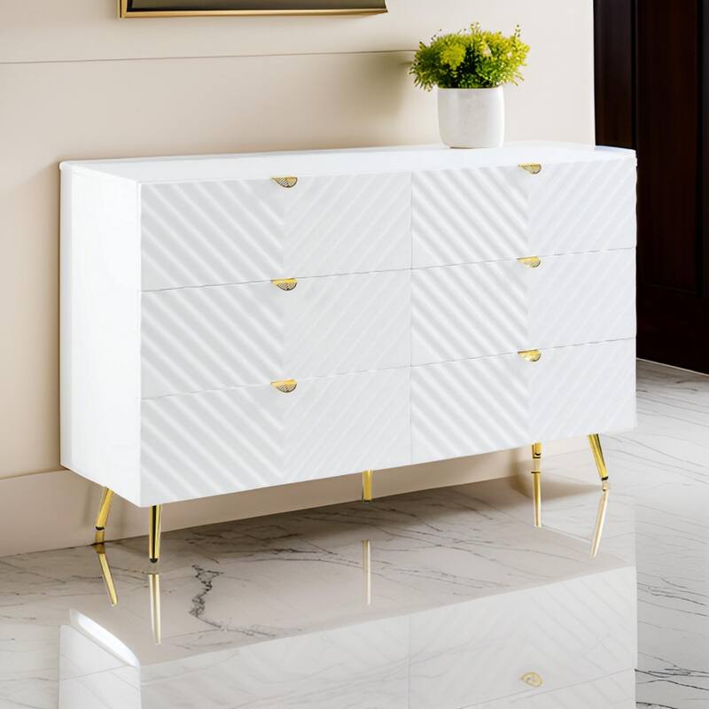 Tyra 55 Inch Wood Dresser, Wavy Textured Design, Gold Metal Legs, White