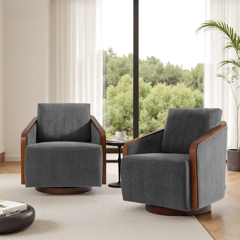 Set of 2 Modern Swivel Accent Barrel Chairs with Wood Arms - DARK GREY