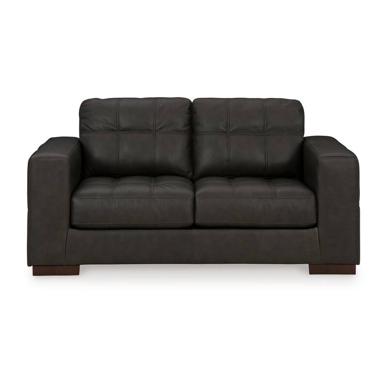 Lenie Loveseat, Block Stitched Dark Gray Real and Faux Leather 70 Inch