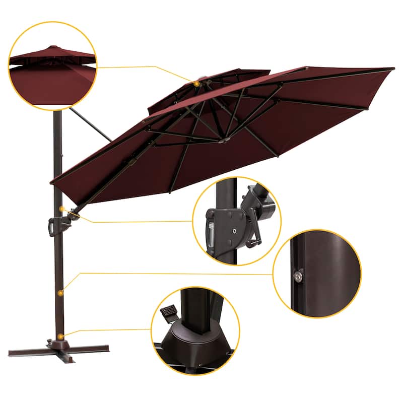11 ft Outdoor Aluminum Dual Top Solar Powered LED Lighted Patio Cantilever Umbrella and Weighted Base