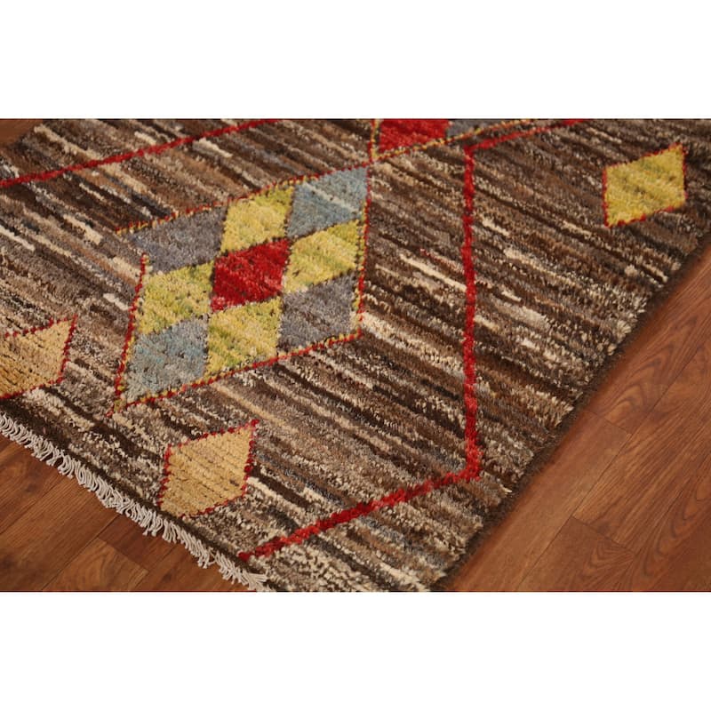Brown Geometric Moroccan Oriental Runner Rug Handmade Wool Carpet - 2'11" x 9'8"