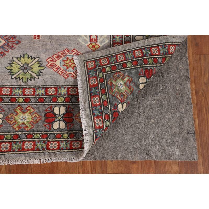 Gray Geometric Kazak Area Rug Living Room Handmade Wool Carpet - 5'7" x 7'3"