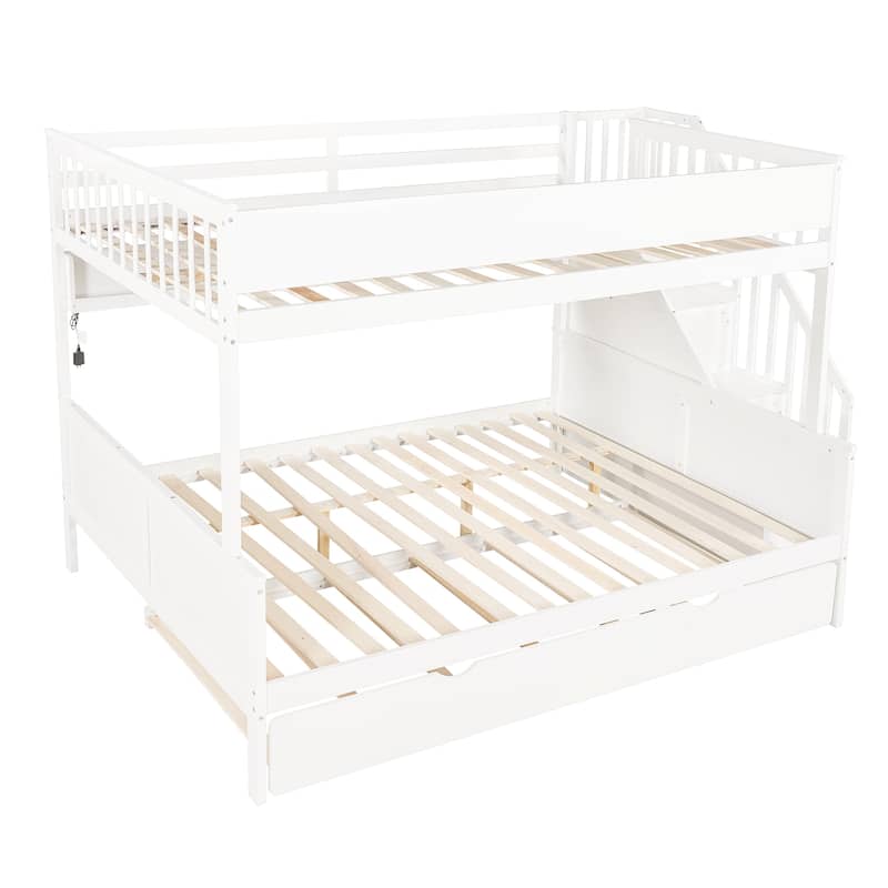 Full XL Over Queen Bunk Bed with Staircase Storage, Underbed Trundle, Open Shelf & LED Light by Harper&Bright Designs