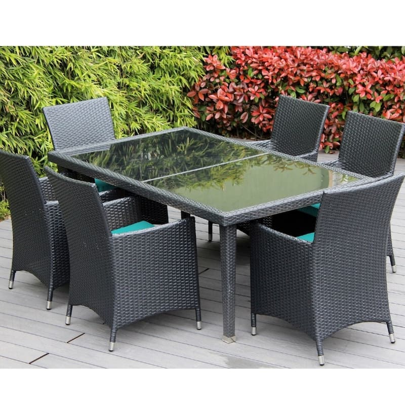 Ohana Outdoor Patio 7 Piece Black Wicker Dining Set with Cushions - Sunbrella Aruba