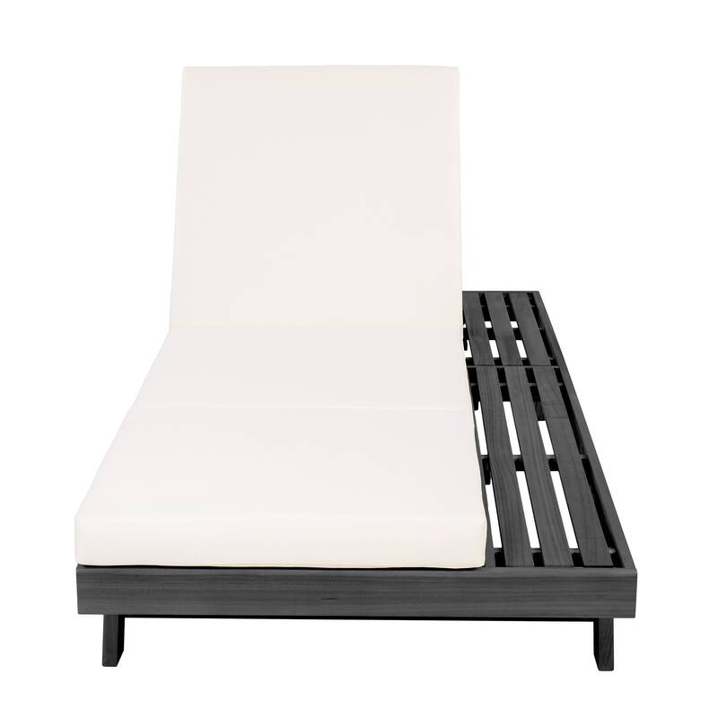 Outdoor Patio Acacia Wood Chaise Lounge Chair with Adjustable Backrest, Side Open Storage and Water-Repellent Cushions