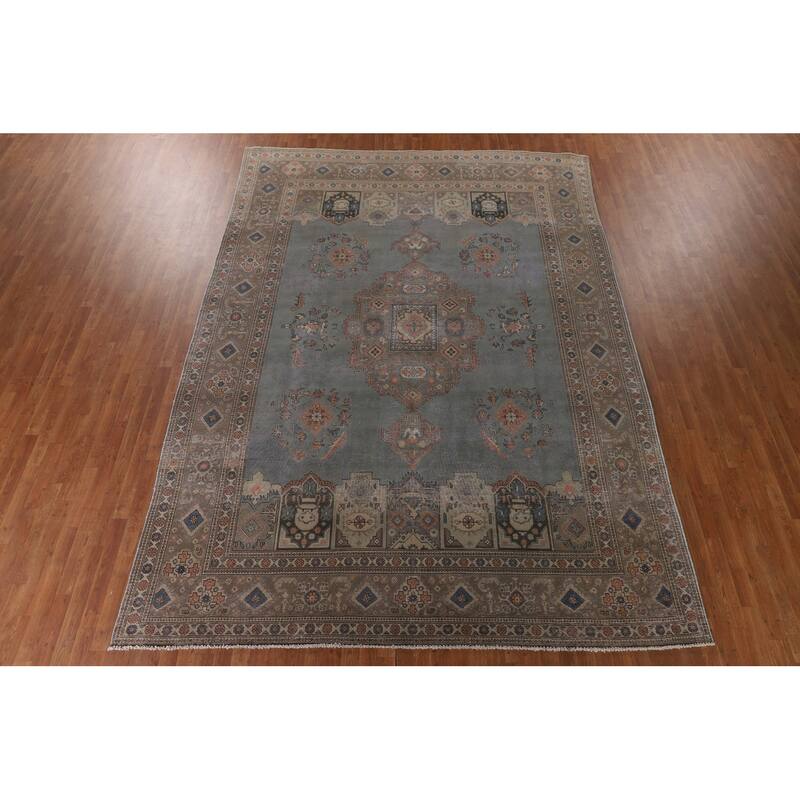 Over-Dyed Tabriz Persian Vintage Rug Hand-Knotted Blue Wool Carpet - 9'4"x 12'10"