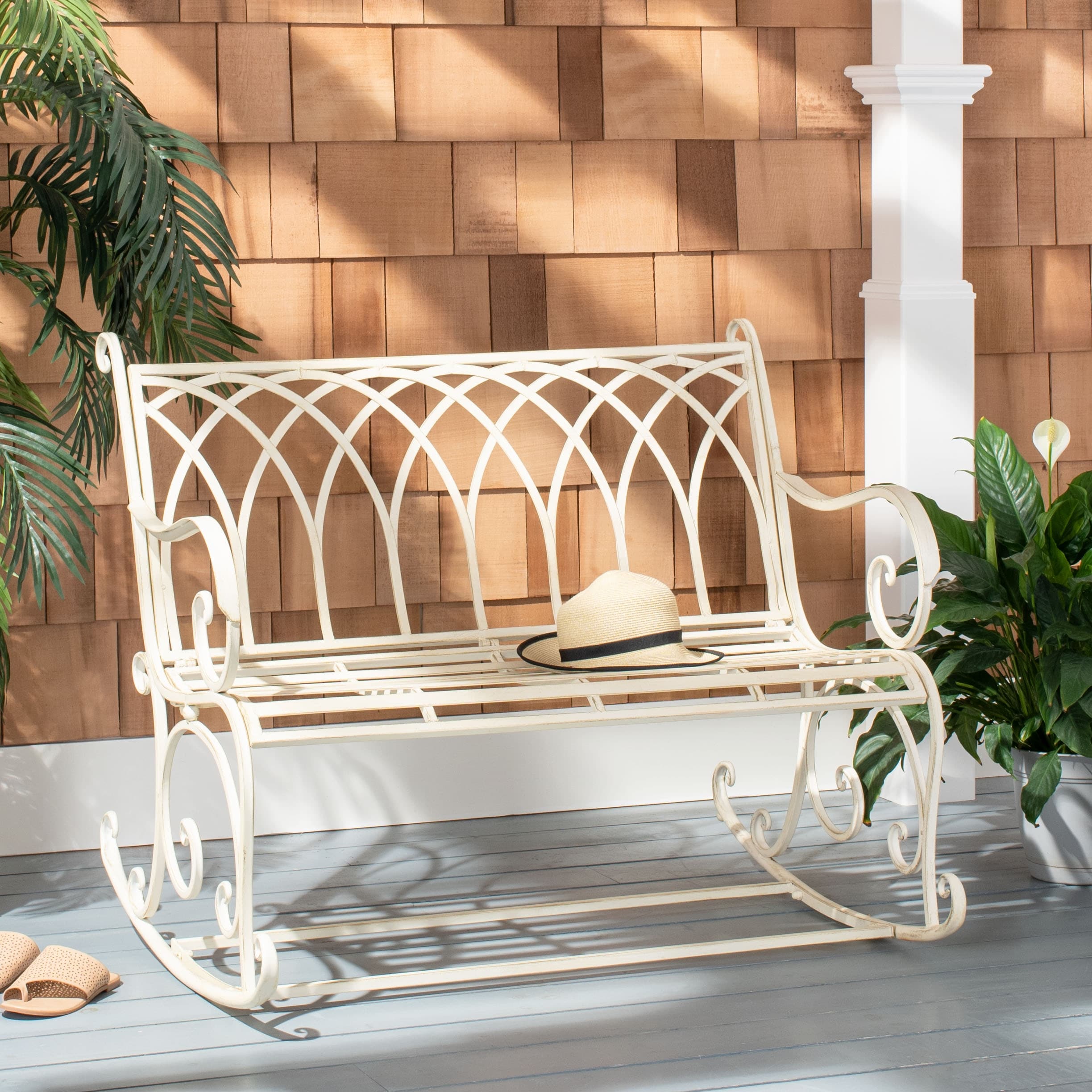 SAFAVIEH Ressi Victorian Scroll Iron Outdoor Rocking Bench. 43