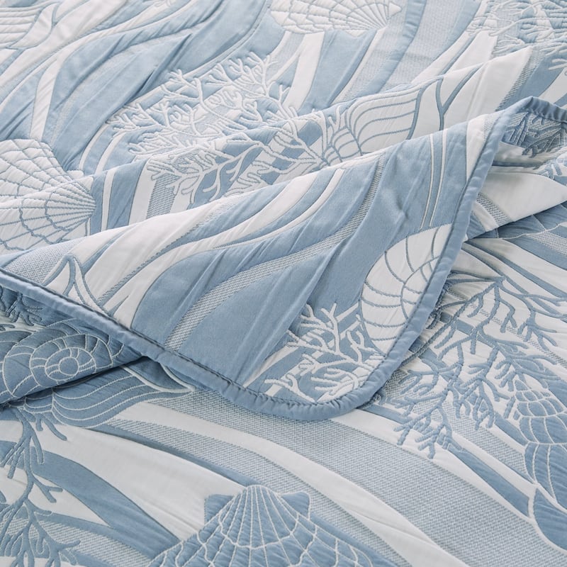 Doz 2pc Twin Size Coverlet Set, Coastal Matelasse, Tidal Blue, White
