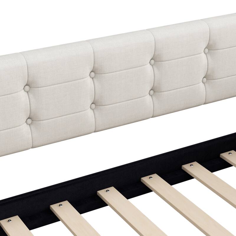 Tufted Upholstered Daybed with 4 Solid Pine Legs, Linen Fabric Sofa Bed Frame, Wooden Slat Support, Easy Assemble