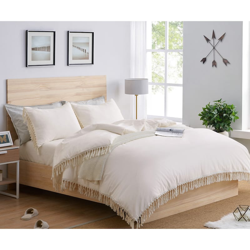 Sweet Jojo Designs Ivory Bohemian Boho Chic Queen Duvet Cover Bedding Set Farmhouse Minimalist Knotted Macrame Tassel Fringe