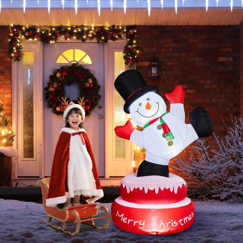 4.8FT Lighted Christmas Inflatable Decoration Large Rotating Snowman with Motor - White+Red