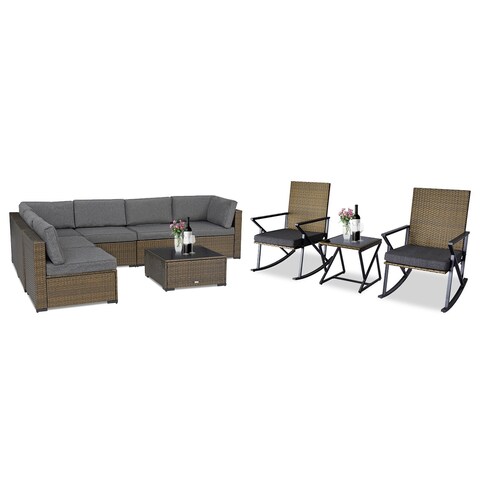 Kinbor 10-Piece Outdoor Sectional Furniture Sofa Set, Patio Conversation Set & Rocking Chair Set