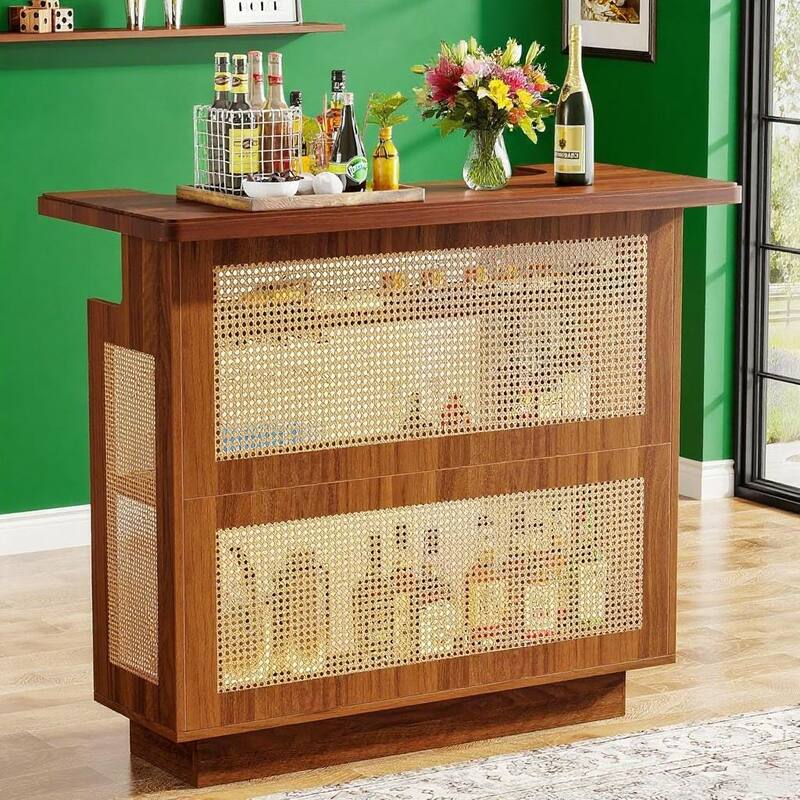 Brown Woven Rattan Bar Cabinet with Wine Rack and Stemware Storage for Home Entertaining - 47.2" W X 21.6" D X 43.3" H
