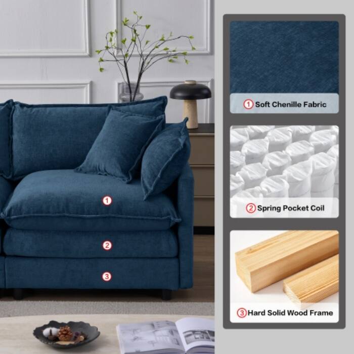 105" Modular Sectional Sofa with Ottoman, Upholstered Chenille Fabric 3-Seater