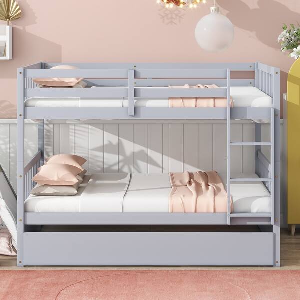 slide 2 of 12, Full Size Rubberwood Bunk Bed with Pull-Out Trundle, Convertible to Two Separate Beds, Safety Guardrails and Ladder Included LIGHT GREY