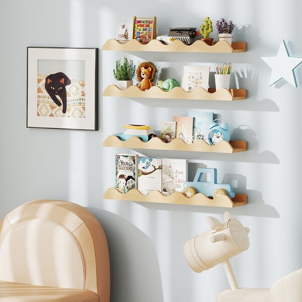Natural Fir Wood Nursery Wall Shelves Set of 4 with Wavy Edges
