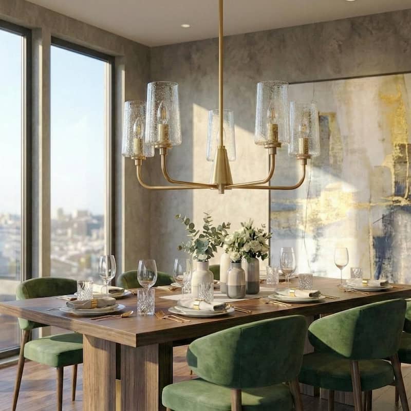 Elera 5-Light Satin Brass Chandelier with Seeded Glass Shades - Gold