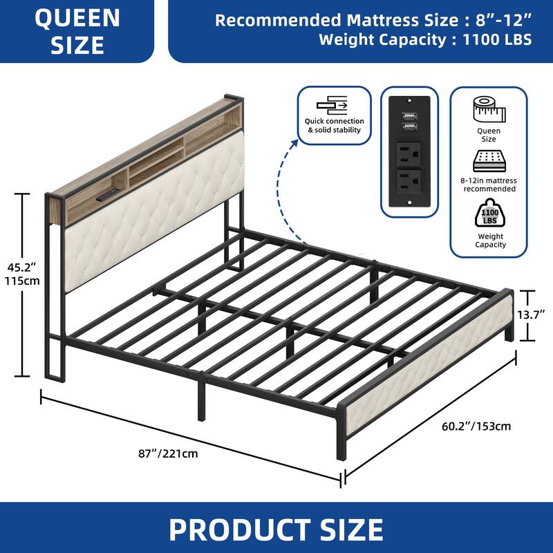 Modern King Upholstered Storage Bed With USB Power pad