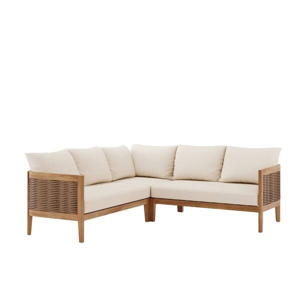 Burchett Acacia Wood and Round Wicker Outdoor 5 Seater Sectional Sofa