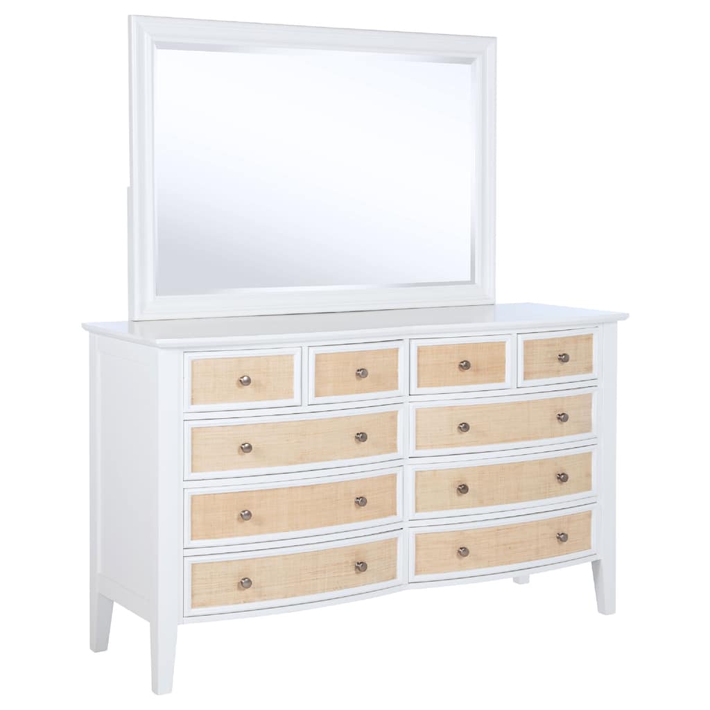 Heo Wide Dresser with Mirror, 10 Drawers, White, Brown Wood Frame