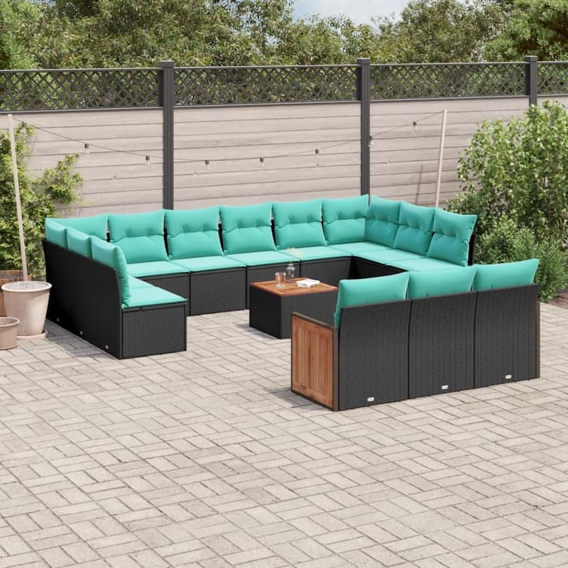 vidaXL 13/14/16 Piece Patio Sofa Set with Cushions Black/Gray Poly Rattan - 21.7 x 24.4 x 27.2 - Black With table