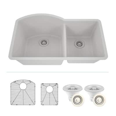 Lexicon Platinum Quartz 32 Inch 70/30 Double Bowl Kitchen Sink with Bottom Grids and Strainers and Disposal Flange