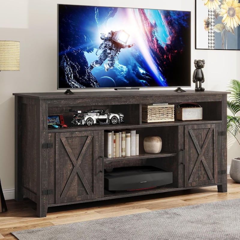 Moasis Farmhouse Barn Door Wood TV Stand with Power Outlet, Entertainment Center with Shelves for TV up to 65"