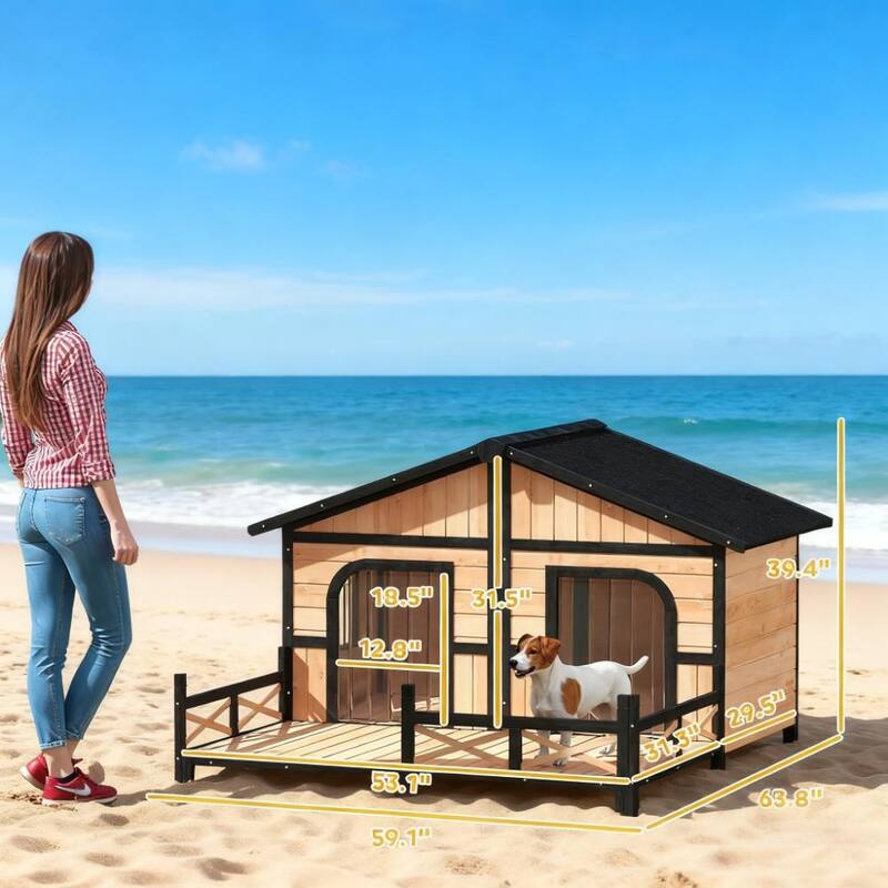 Weatherproof Wooden Dog House with Porch, Openable Roof & Removable Bottom - Elevated Double Room Kennel